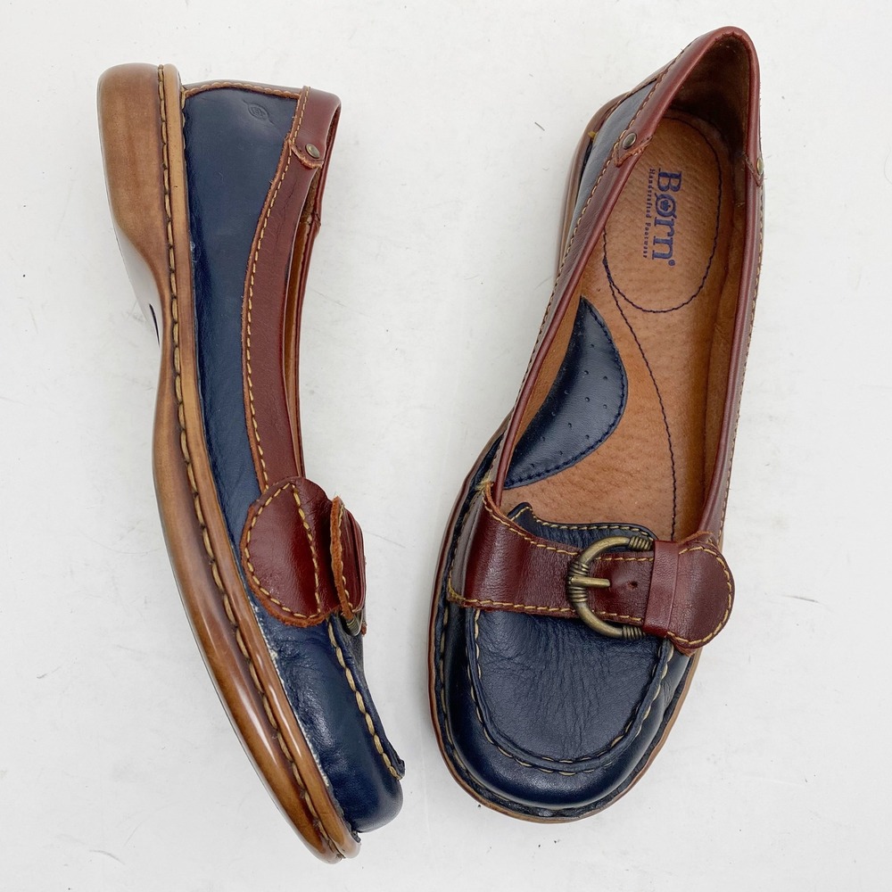 Born Women's Navy and Brown Leather Slip-On Loafers
